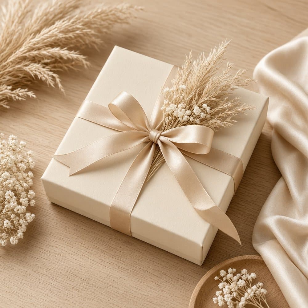 A cream gift box tied with a silk ribbon