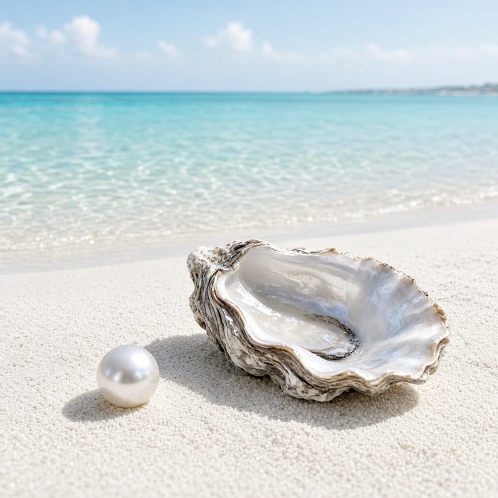 A pearl and an oyster shell on a white beach