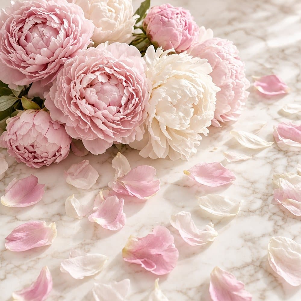 Pink peonies and rose petals on marble