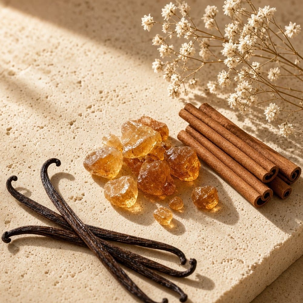 Vanilla pods, amber and cinnamon on stone